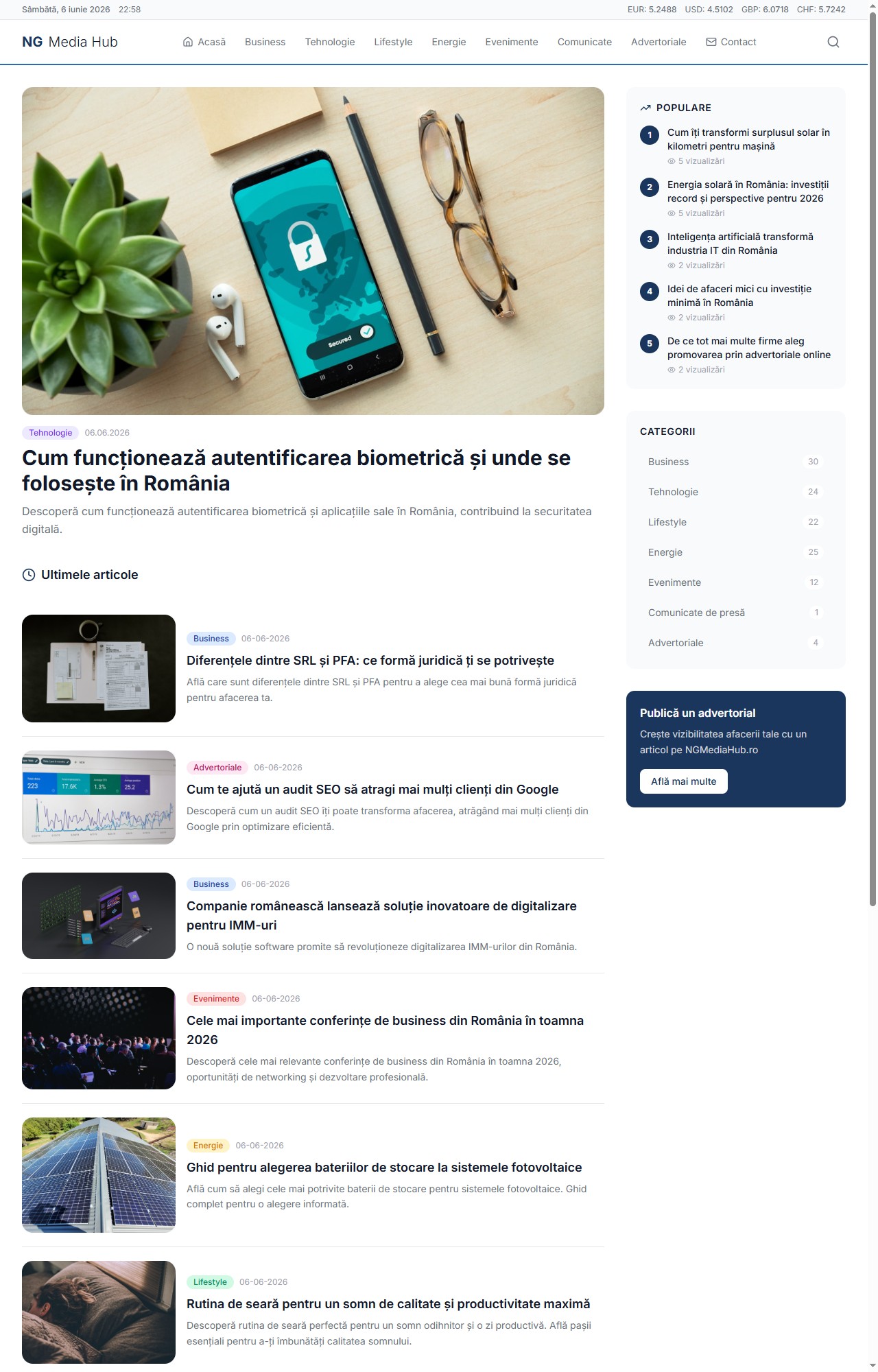 Captură reală a site-ului ngmediahub.ro — platformă editorială