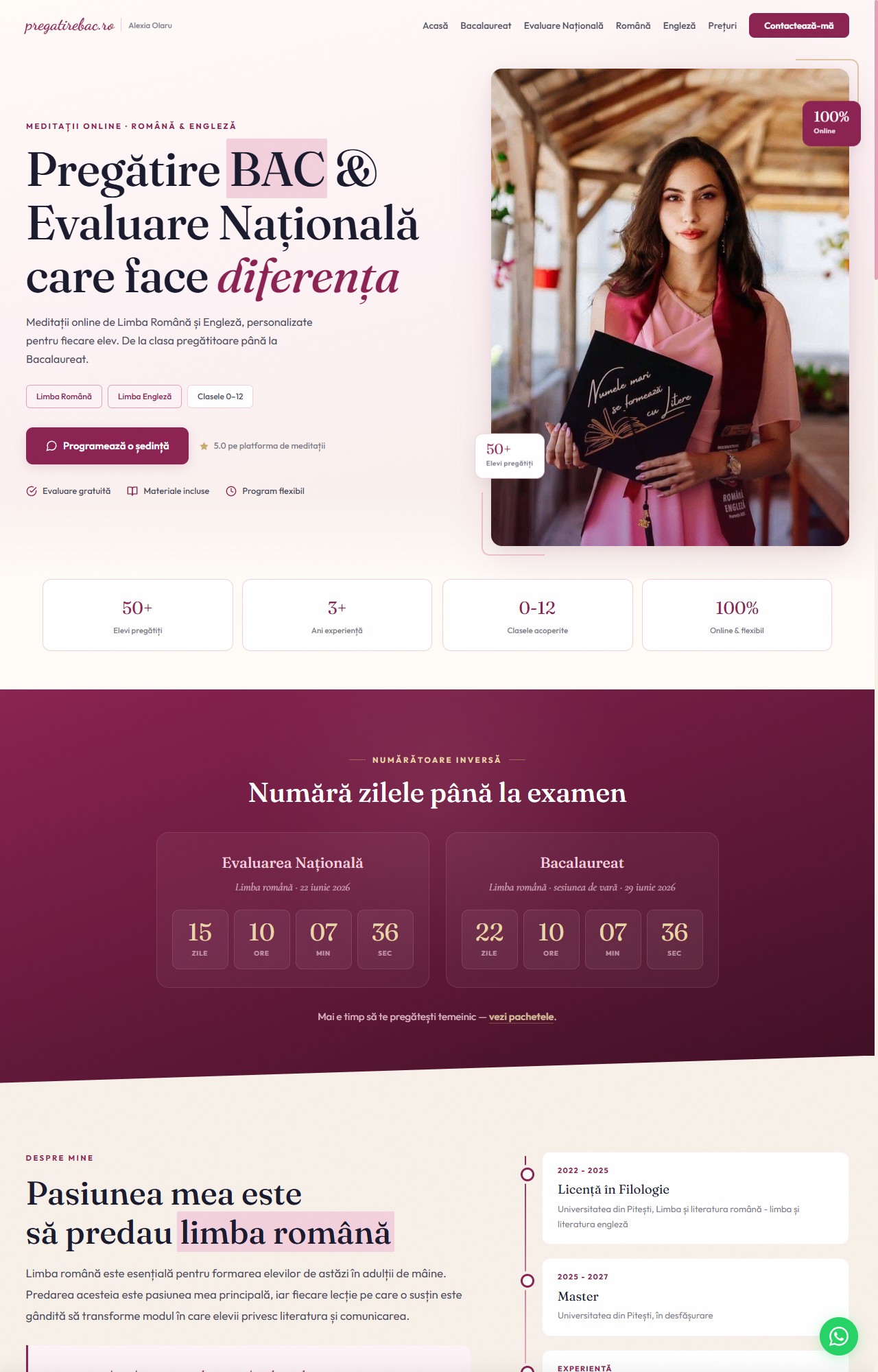 Captură reală a site-ului pregatirebac.ro — meditații online